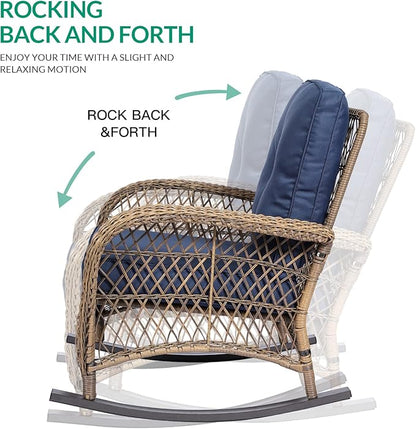 VIVIJASON Outdoor Wicker Rocking Chair, Patio Rattan Rocker Chair with Cushions & Steel Frame, All-Weather Rocking Lawn Wicker Furniture for Garden Backyard Porch (Navy Blue)