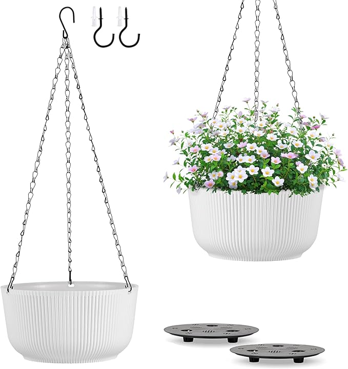 Set of 2 White Hanging Planters for Outdoor Indoor Plants, 12 Inch Self-Watering Hanging Plant Pots with Drainage Hole & Plug (Hooks)