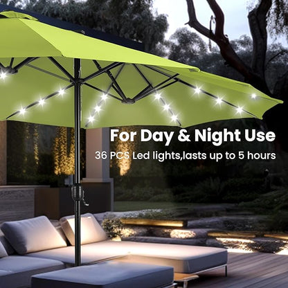 PHI VILLA 15 ft Umbrella Outdoor Patio Solar Lights with Base, Outdoor Double-Sided Large Market Rectangle Umbrellas with 36 LED Lights, Lime Green