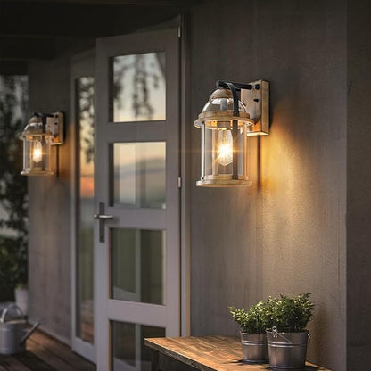OKELI Dusk to Dawn Outdoor Wall Lights, Waterproof Lighting Fixtures Rustic Farmhouse Wall Lanterns with Clear Glass Shades Anti-Rust Outside Lights for Garage Patio Porch(Wood Grain, 2 Pack)