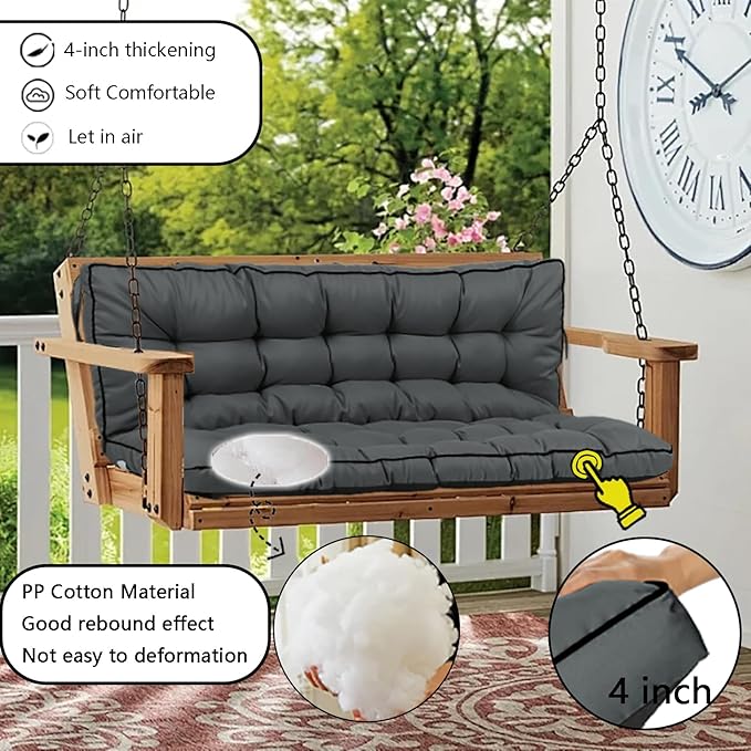 Porch Swing Cushion Three Seat, Waterproof Swing Cushions Replacement with Backrest, Outdoor Garden Furniture Patio 4" Thickened Cushions with Ties (Dark Gray, 40 x 71in)