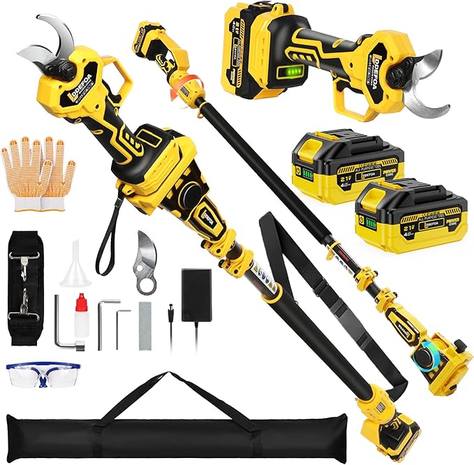 2-IN-1 Electric Pole Pruning Shears, 1.6" Cutting Diameter-Brushless Motor, Cordless Power Pruner with Extension Pole, Total Reach of Max 15.58FT, 2×4.0Ah Battery, SK5 Blade×2, LCD,for Garden Trimming