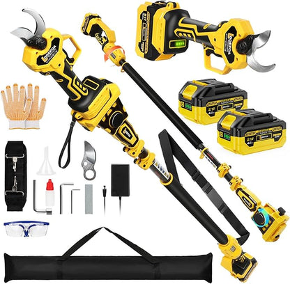 2-IN-1 Electric Pole Pruning Shears, 1.6" Cutting Diameter-Brushless Motor, Cordless Power Pruner with Extension Pole, Total Reach of Max 15.58FT, 2×4.0Ah Battery, SK5 Blade×2, LCD,for Garden Trimming
