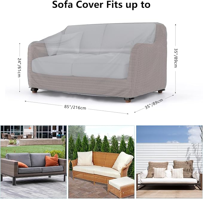 Heavy Duty Patio Sofa Cover, Mrrihand 3-Seater Outdoor Sofa Loveseat Cover, Outdoor Patio Furniture Cover with Air Vent and Handles, 85" W×35" D×35" H, Grey