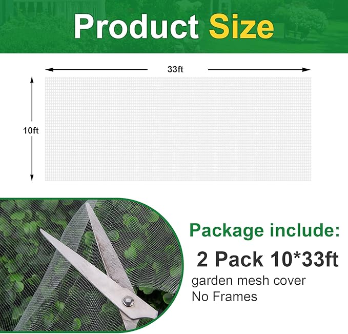 NONMON Garden Netting, 2 Pack 10x33Ft Ultra Fine Mesh Insect Netting Pest Barrier Protection Plant Row Cover Mosquito Netting for Vegetable Fruits Blueberry Bushes Flowers Crops Raised Bed