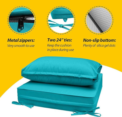 AAAAAcessories Outdoor Seat Cushions for Chairs, Fade-Resistant, Waterproof Patio Furniture Replacement Cushions, 25.5" x 25.5" x 5" + 25.5" x 13.5", Turquoise Blue