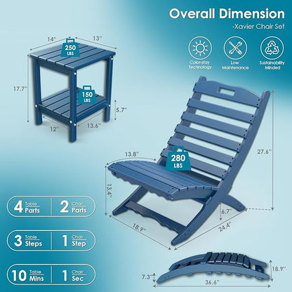 GREENVINES 3 Pieces Patio Furniture Set | Outdoor Bistro Sets for 2 | HDPE Plastic | Folding-Adirondack-Chairs-with-Side-Table | All Weather | Xavier Chair | for Porch Deck Poolside Backyard | Blue