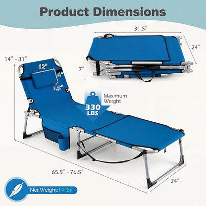 Giantex Tanning Chair, 330Lbs Patio Lounge Chair with 5 Adjustable Position, Face & Arm Hole, Hand/Shoulder Strap, Removable Pillow, Side Pocket, Chaise Lounger for Beach Sunbathing Outdoor, Blue