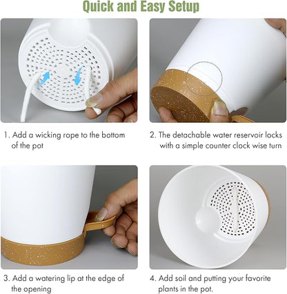 WSMKSZ 4 inch Self Watering Pots for Indoor Outdoor Plants, 6 Pack Plastic Flower Planters with Drainage Holes and Removable Saucers, Plant Pots with Wicking Rope, Modern Decor, White Brown