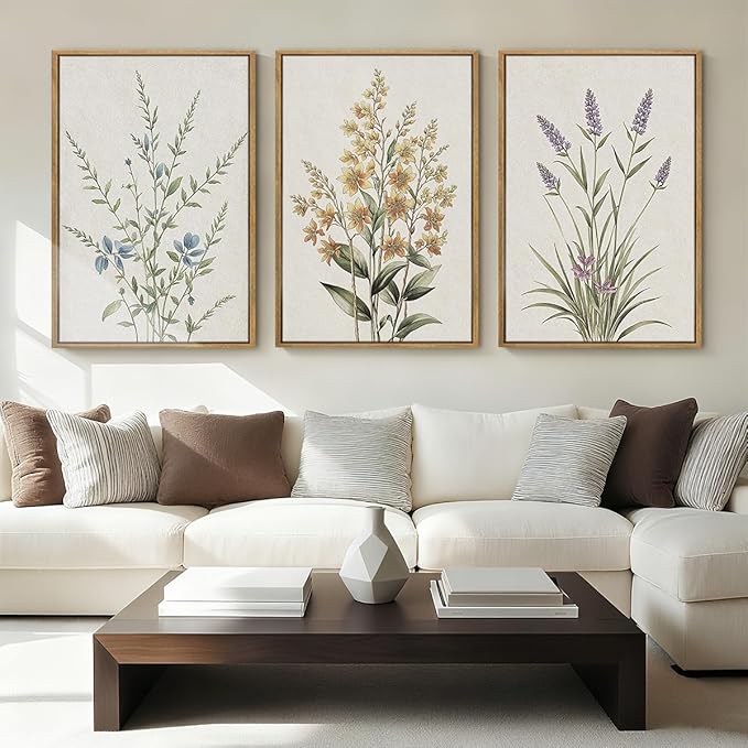 Anyzal Extral Large Botanical Framed Wall Art 24x36 Inch Neutral Floral Canvas Wall Decor Minimalist Beige Wildflower Painting for Living Room Bedroom Dining Room Set of 3
