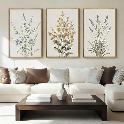 Anyzal Extral Large Botanical Framed Wall Art 24x36 Inch Neutral Floral Canvas Wall Decor Minimalist Beige Wildflower Painting for Living Room Bedroom Dining Room Set of 3