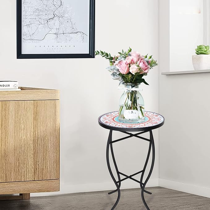 VCUTEKA Patio Side Table, Mosaic Outdoor Side Table 14" Round Small Accent Table Indoor End Table for Yard, Garden, Living Room, Bistro Balcony or Lawn