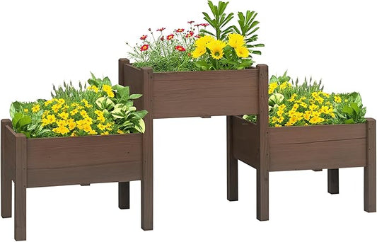 Outsunny Raised Garden Bed with 3 Planter Box, Elevated Wooden Plant Stand with Drainage Holes, for Vegetables, Herb and Flowers, Coffee