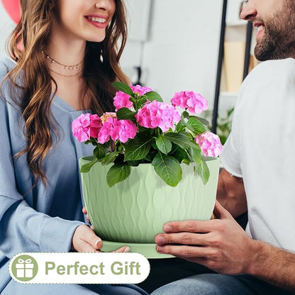 WSMKSZ 12 Inch Large Plant Pots for Indoor or Outdoor Plants, Wide Water Ripples Flower Pots with Drainage Holes & Saucer, Plastic Planters Set for Garden & Home Decor (Green)