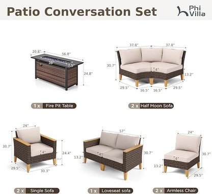 PHI VILLA Half-Moon Patio Furniture Set with 56" Fire Pit Table, 8-Piece Wicker Outdoor Curved Sectional Sofa, Large Conversation Seating for Garden or Backyard, Beige