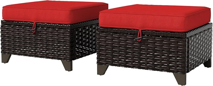 VistaVibe 2 Pieces Patio Wicker Ottomans, Luxurious Footstools, Outdoor Small Footrest, Wicker Furniture with Removable Cushions,All-Weather PE Rattan, Garden, Backyard, Porch(Brown/Red)