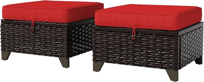 VistaVibe 2 Pieces Patio Wicker Ottomans, Luxurious Footstools, Outdoor Small Footrest, Wicker Furniture with Removable Cushions,All-Weather PE Rattan, Garden, Backyard, Porch(Brown/Red)