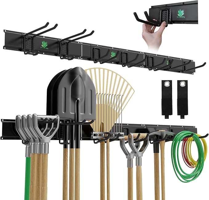 48" Garage Tool Organizer Wall Mount - 500lbs Garden Tool Organizer with Adjustable Hooks, Heavy Duty Metal Garage Storage Rack