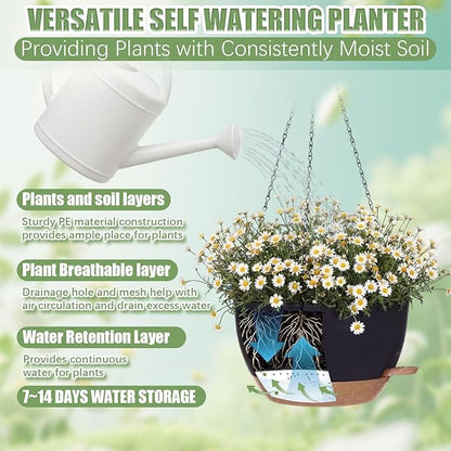 Sliner Set of 4-10 Inch Self Watering Hanging Planters Includes Hanging Pots and Outdoor Hanger Plant Pots with Drainage Holes 2 Types of Hanger Basket Hooks for Patio Garden(Black Brown)