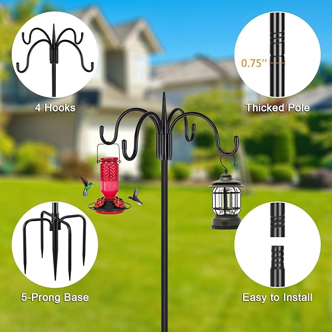 FEED GARDEN Heavy Duty Shepherds Hook 2 Pack 76" Four Hooks Adjustable (44/60/76") - Metal 5-Prong Base, 17lb Capacity - Easy Assembly Bird Feeder Pole for Hanging Planters, Lanterns, Wind Chimes