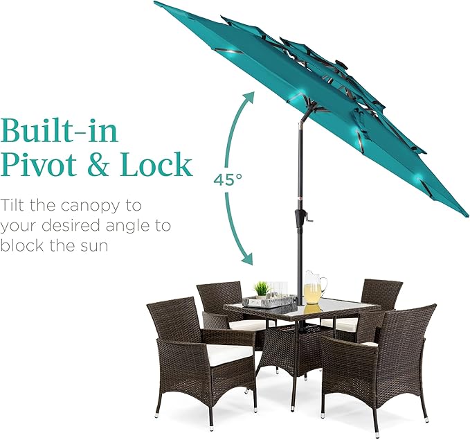 Best Choice Products 10ft 3-Tier Solar Patio Umbrella, Outdoor Market Sun Shade for Backyard, Deck, Poolside w/ 24 LED Lights, Tilt Adjustment, Easy Crank, 8 Ribs - Cerulean