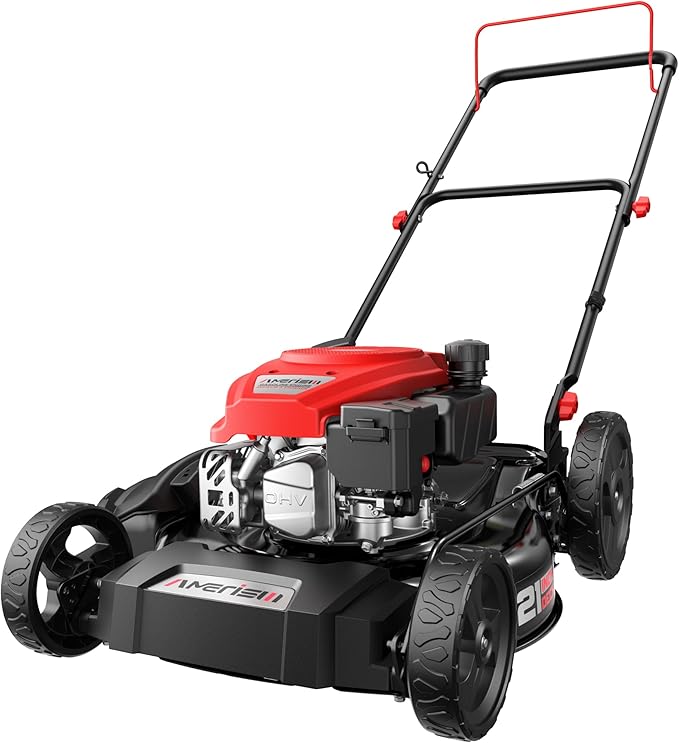 AMERISUN 144cc Gas Lawn Mower, 21 inch 2-in-1 Mulching & Side Discharge, 6-Position Height Adjustment, Foldable Handles for Lawn, Yard, and Garden Maintenance