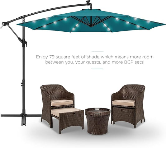 Best Choice Products 10ft Solar LED Offset Hanging Market Patio Umbrella for Backyard, Poolside, Lawn and Garden w/Easy Tilt Adjustment, Polyester Shade, 8 Ribs - Cerulean