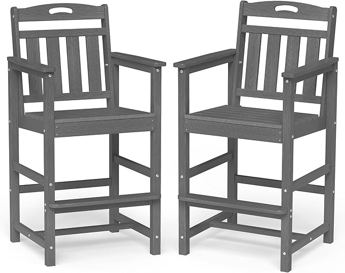 Ciokea Oversized Tall Bar Chairs Set of 2, HDPE Adirondack Outdoor Bar Chairs with Footrest, All-Weather Barstools with High Back for Balcony, Bistro, Porch, Deck, Pool, Backyard, Grey