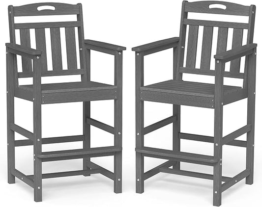 Ciokea Oversized Tall Bar Chairs Set of 2, HDPE Adirondack Outdoor Bar Chairs with Footrest, All-Weather Barstools with High Back for Balcony, Bistro, Porch, Deck, Pool, Backyard, Grey