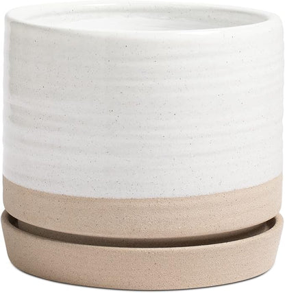 HERDUK 8 Inch Pots for Plants, Ceramic Planter Pot with Drainage Hole & Saucer, Indoor or Outdoor Cylinder Round Planter Pot, Matte White & Beige