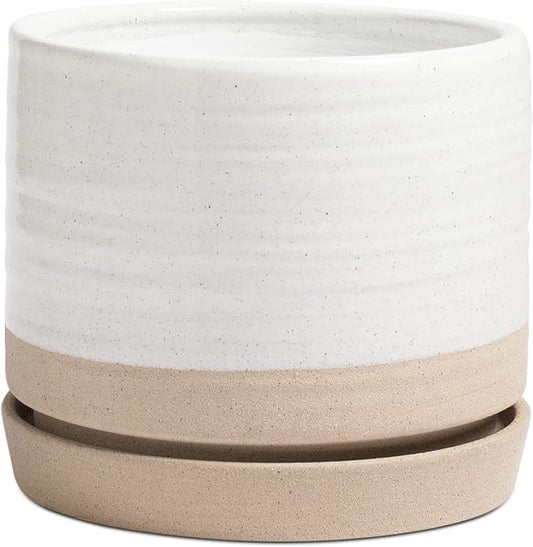 HERDUK 8 Inch Pots for Plants, Ceramic Planter Pot with Drainage Hole & Saucer, Indoor or Outdoor Cylinder Round Planter Pot, Matte White & Beige