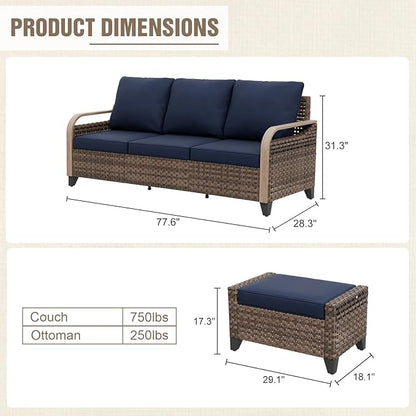 Modern Wicker Patio Furniture Set, Rattan Outdoor Conversation Set with Comfortable Cushions, 3 Seat Couch and 2 Ottomans, 3 Pieces, Brown/Blue