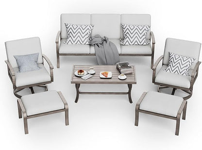 HAPPATIO 6 Piece Aluminum Patio Furniture Set, 3-Seat Outdoor Couch with Ottomans and Swivel Armchairs, All-Weather Outdoor Sectional Sofa with Comfortable Cushions and Coffee Table(Gray)