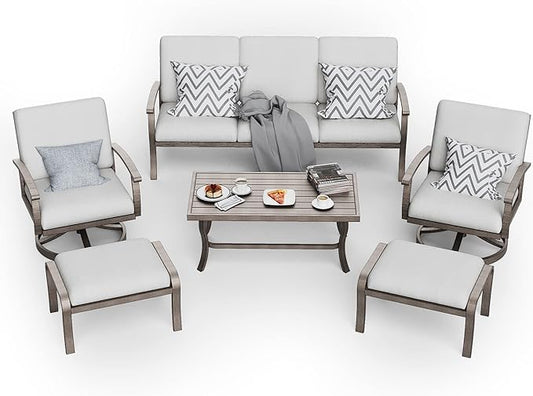 HAPPATIO 6 Piece Aluminum Patio Furniture Set, 3-Seat Outdoor Couch with Ottomans and Swivel Armchairs, All-Weather Outdoor Sectional Sofa with Comfortable Cushions and Coffee Table(Gray)