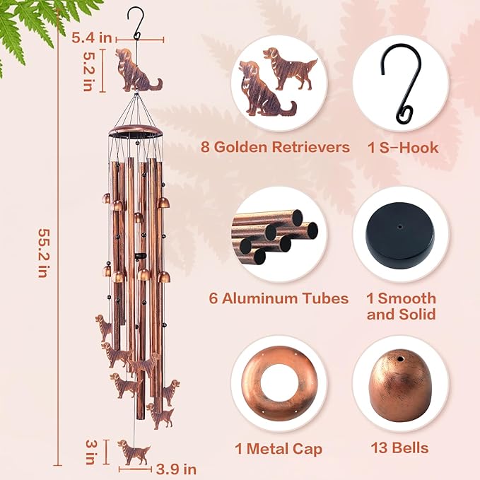 Extra Large Golden Retriever Wind Chimes Outdoor Dog Gifts for Women Mom Men Dad Birthday Gifts Metal WindChimes for Outside/Indoors, Patio, Lawn, Yard, Home Decor, Outdoor Decor, Garden Decorations