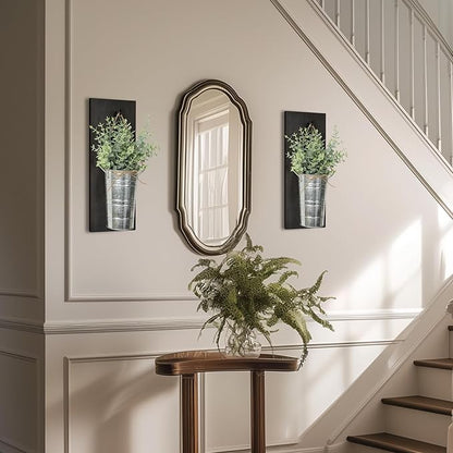 SHOHAYTO Farmhouse Wall Decor Set of 2 - Wood Hanging Planters with Artificial Eucalyptus, Rustic Vertical Pocket Vases for Bathroom Kitchen, Indoor Greenery Decor