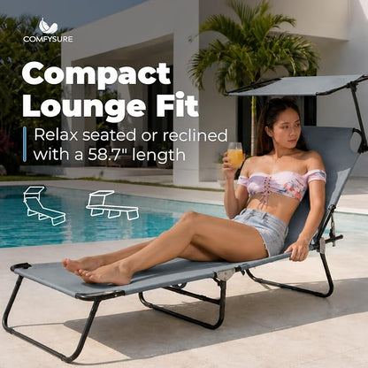 Folding Outdoor Set of 2 Lounge Chairs with Canopy - Portable & Adjustable Beach Lounge Chair - 5-Positions, Carry Handles, 600D Fabric, 220 lbs Capacity – Tanning Chaise Lounge for Beach, Patio, Lawn