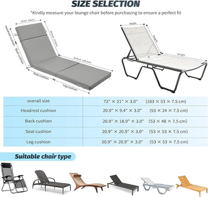 2 Pcs Outdoor Chaise Lounge Cushion 72" x 21" x 3", 4-Section Folding Patio Lounge Chair Cushion with Ties, Waterproof & Fade Resistant Replacement Cushion for Pool, Patio, Deck (Grey, 2 Pcs)
