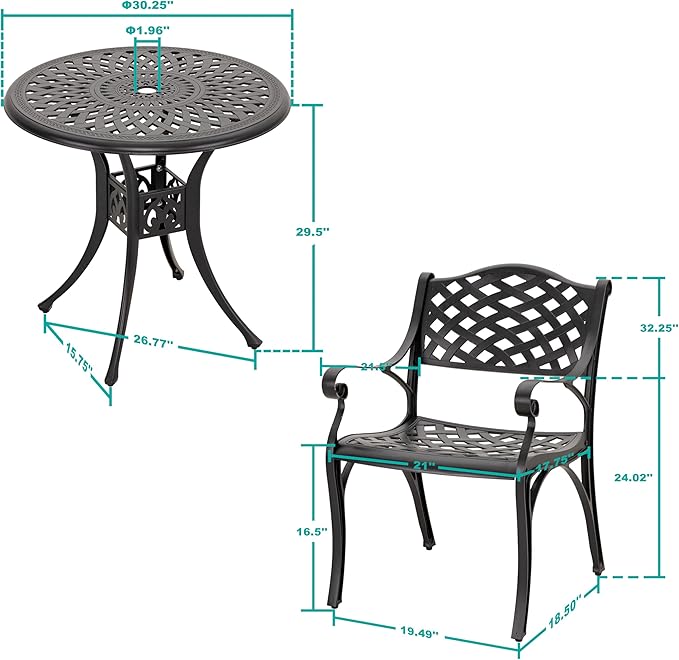 NUU GARDEN 3 Piece Outdoor Cast Aluminum Bistro Table Set Rustproof Table and Chairs with Umbrella Hole for Backyard, Balcony, Front Porch, Black