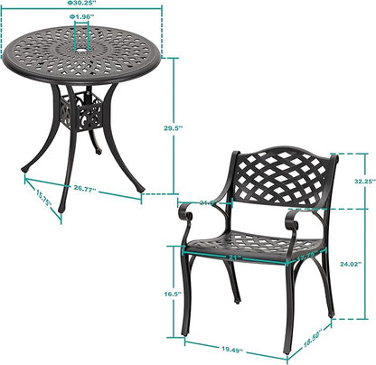 NUU GARDEN 3 Piece Outdoor Cast Aluminum Bistro Table Set Rustproof Table and Chairs with Umbrella Hole for Backyard, Balcony, Front Porch, Black