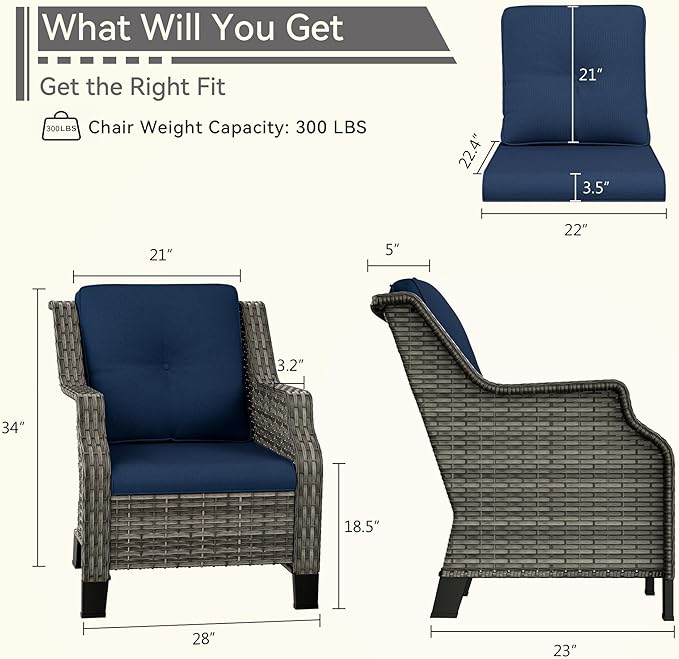 Patio Chairs Set of 2 Rattan Chair Patio Furniture Set with Thick Cushions and All-Weather PE Wicker for Garden, Patio and Porch, Navy
