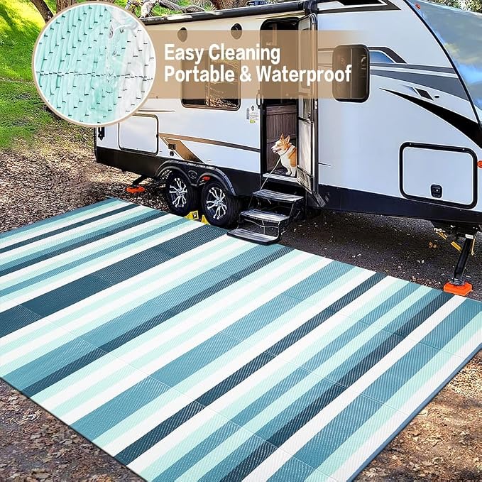 HUGEAR Outdoor Plastic Straw Rug, Waterproof Mat, Washable Large Floor Mat and Rug for Outdoors, RV, Beach, Patio, Camping, Backyard, Deck, Picnic, Indoor Outside (5x8ft,Stripe/Turquoise&White)