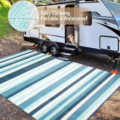 HUGEAR Outdoor Plastic Straw Rug, Waterproof Mat, Washable Large Floor Mat and Rug for Outdoors, RV, Beach, Patio, Camping, Backyard, Deck, Picnic, Indoor Outside (5x8ft,Stripe/Turquoise&White)