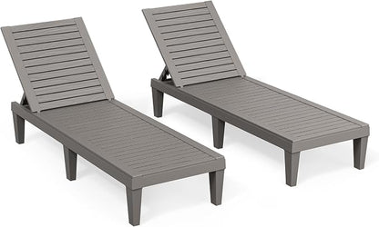 Outdoor Chaise Lounge Chairs Set of 2, 5-Position Adjustable Tanning Lounge Chairs with Wood Texture, All-Weather Resin Patio Lounge Chair for Pool, Garden, Deck, Beach, Striped Grey
