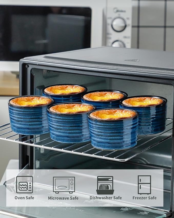Hasense Ramekins 8 oz Oven Safe for Creme Brulee, Ceramic Souffle Dish Oven Safe Set of 6,Porcelain Dipping Sauce Bowls for Pudding, Creme Brulee, Souffle, Serving Dip, Custard, Ice Cream(Blue)