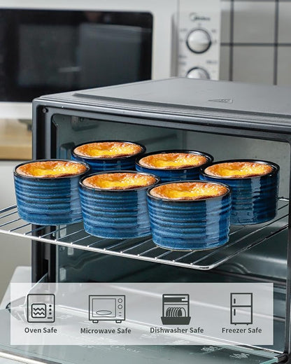 Hasense Ramekins 8 oz Oven Safe for Creme Brulee, Ceramic Souffle Dish Oven Safe Set of 6,Porcelain Dipping Sauce Bowls for Pudding, Creme Brulee, Souffle, Serving Dip, Custard, Ice Cream(Blue)