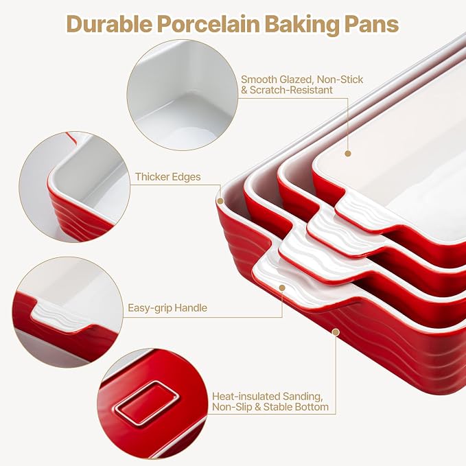 Estmoon Ceramic Baking Dishes Set of 4, Porcelain Baking Pans Set for Oven, Oven Safe and Durable Bakeware Sets Rectangular Ceramic Cookware Set with Handles for Wedding Gift,Red(7.5''/9"/10.6"/12")