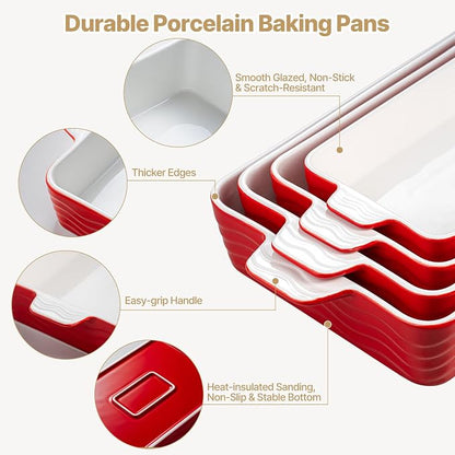 Estmoon Ceramic Baking Dishes Set of 4, Porcelain Baking Pans Set for Oven, Oven Safe and Durable Bakeware Sets Rectangular Ceramic Cookware Set with Handles for Wedding Gift,Red(7.5''/9"/10.6"/12")