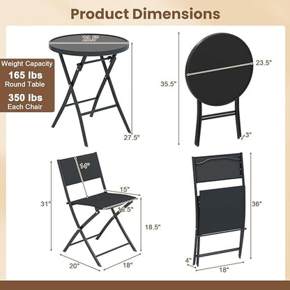 Tangkula 3 Piece Folding Bistro Set, Patio Dining Furniture with Breathable Fabric Seat & Tempered Glass Tabletop, Outdoor Metal Frame Table & Chairs Set for Backyard, Garden, Balcony