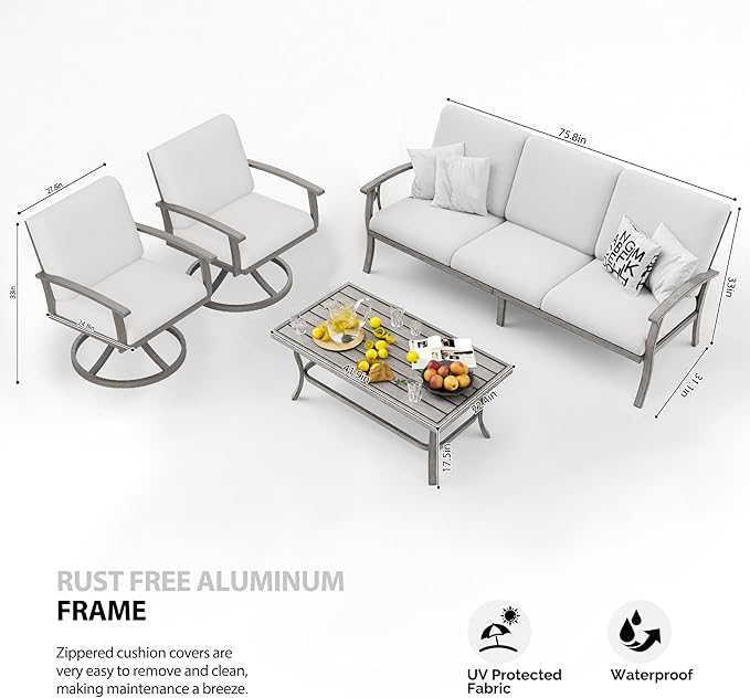 HAPPATIO 4 Piece Aluminum Patio Furniture Set, 5-Person Outdoor Swivel Chairs and 3-Seat Sofa, All-Weather Outdoor Sectional Sofa with Comfortable Cushions and Coffee Table(Gray)